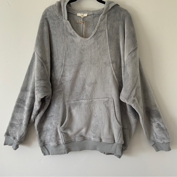 Velour Pullover Kangaroo Pocket Oversized Sweatshirt Hoodie Dove Gray NWT - Picture 8 of 16